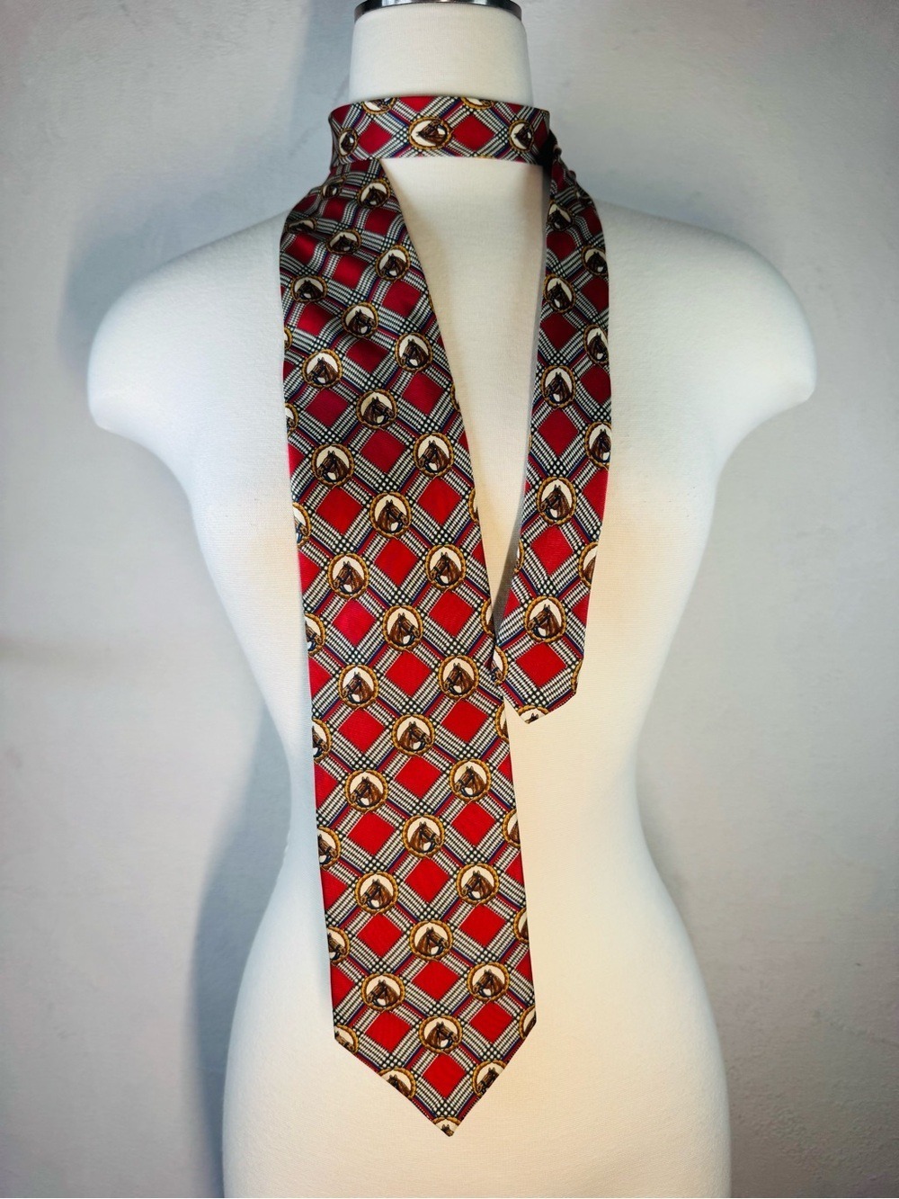 Longchamp Red Plaid Silk Tie with Gold Medallion Motif